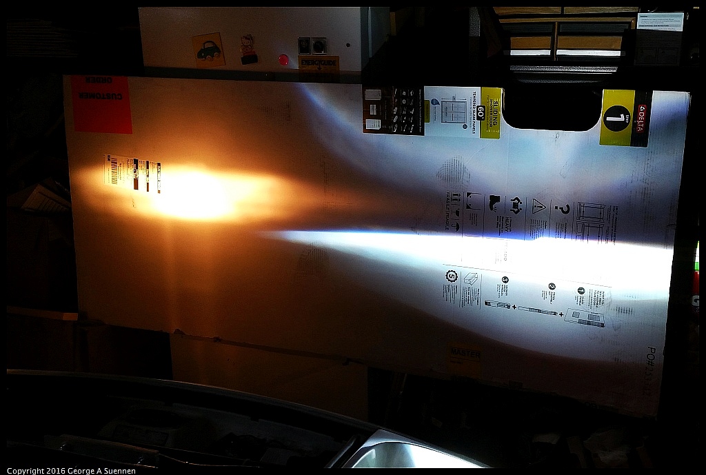 20160801_170956.jpg - Low beam test with aluminum  enclosure (notice reflected light pattern)
